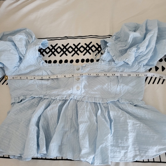 NWOT Free People Women's Ruffle Trim Puffy Sleeves Light Blue Crop Blouse Sz XS - Picture 8 of 13